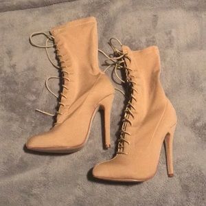 YEZZY INSPIRED LACE UP NUDE SOCK HEELS